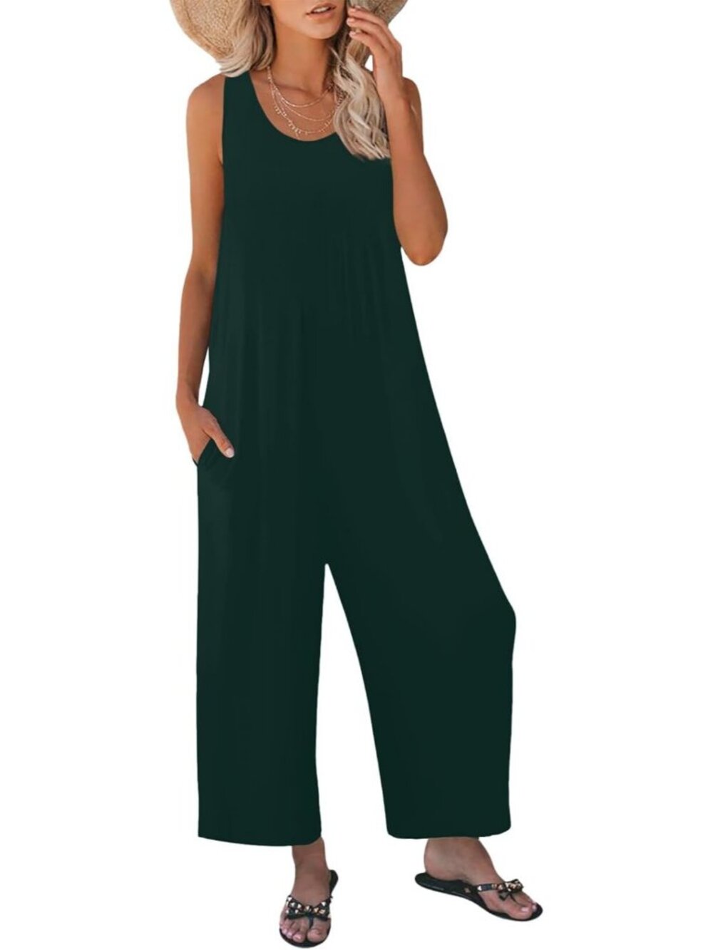 Women's Dark Green Casual Loose Tank Sleeveless Crewneck Long Pant Romper